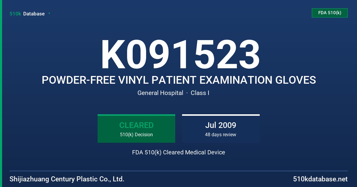 K091523 POWDER-FREE VINYL PATIENT EXAMINATION GLOVES FDA 510(k) Cleared Medical Device