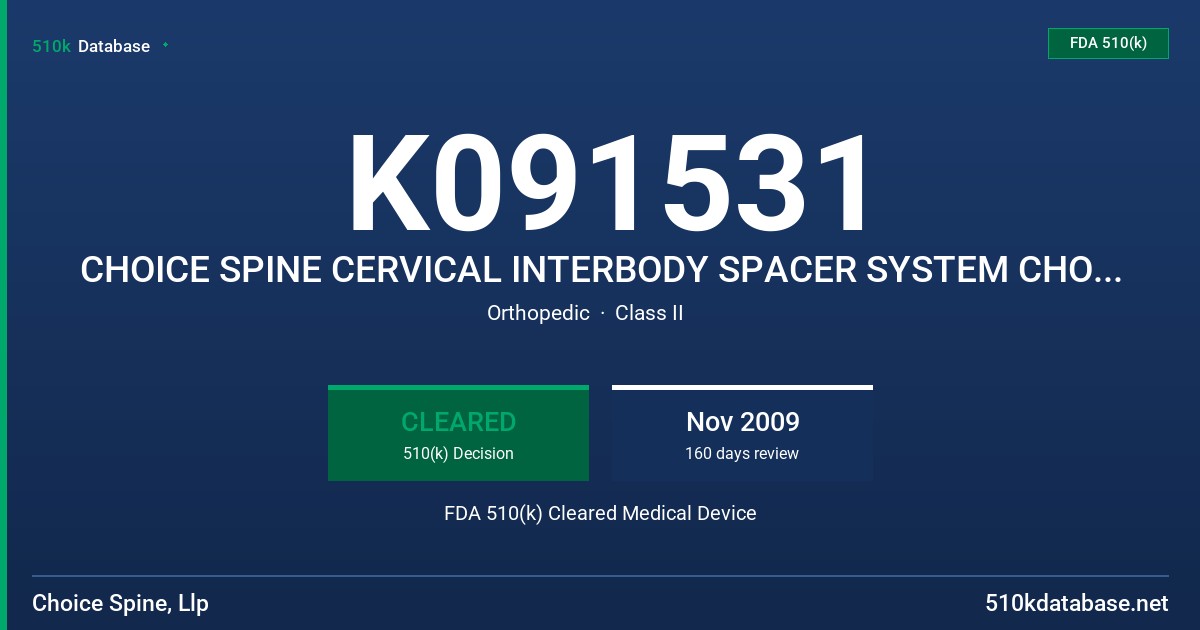 K091531 CHOICE SPINE CERVICAL INTERBODY SPACER SYSTEM CHOICE SPINE CERVICAL INTERBODY SPACER FDA 510(k) Cleared Medical Device