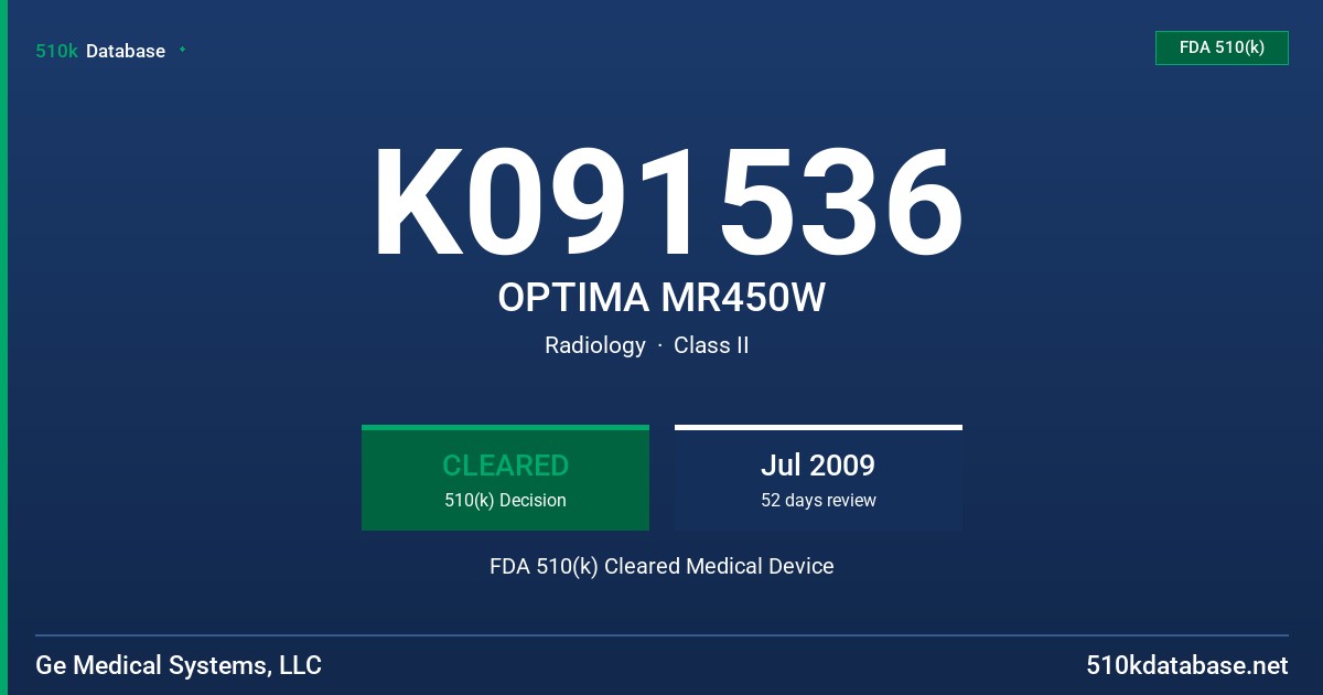 K091536 OPTIMA MR450W FDA 510(k) Cleared Medical Device