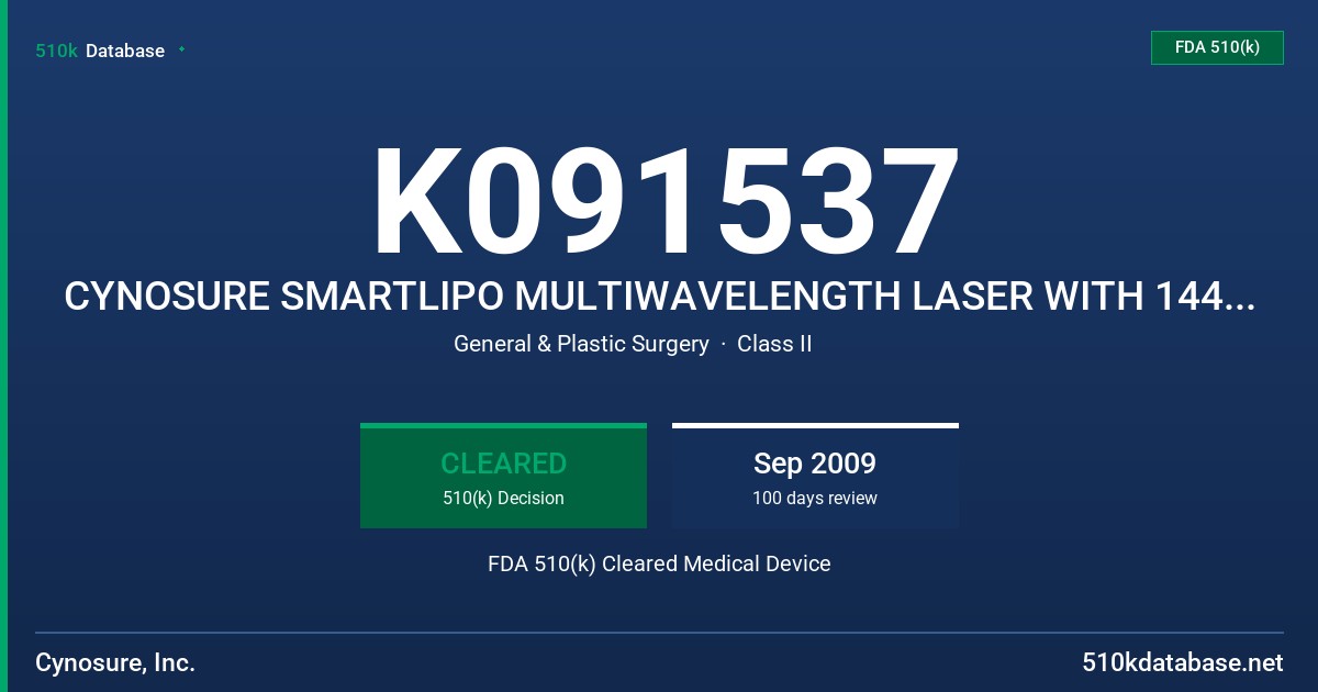 K091537 CYNOSURE SMARTLIPO MULTIWAVELENGTH LASER WITH 1440NM WAVELENGTH FDA 510(k) Cleared Medical Device