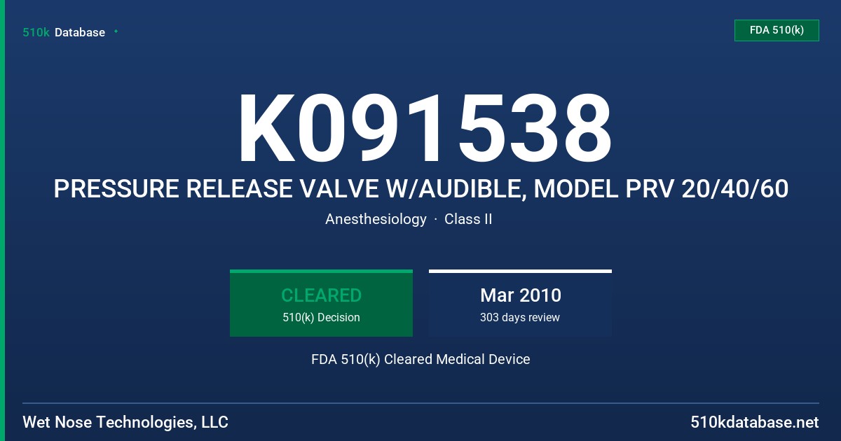 K091538 PRESSURE RELEASE VALVE W/AUDIBLE, MODEL PRV 20/40/60 FDA 510(k) Cleared Medical Device
