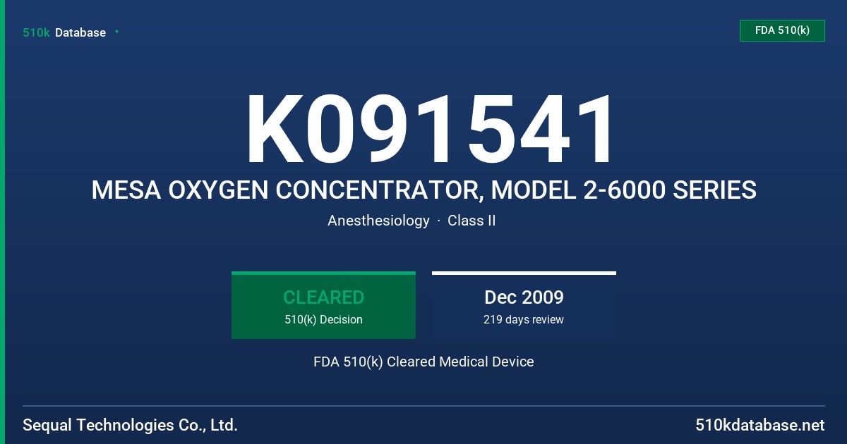 K091541 MESA OXYGEN CONCENTRATOR, MODEL 2-6000 SERIES FDA 510(k) Cleared Medical Device