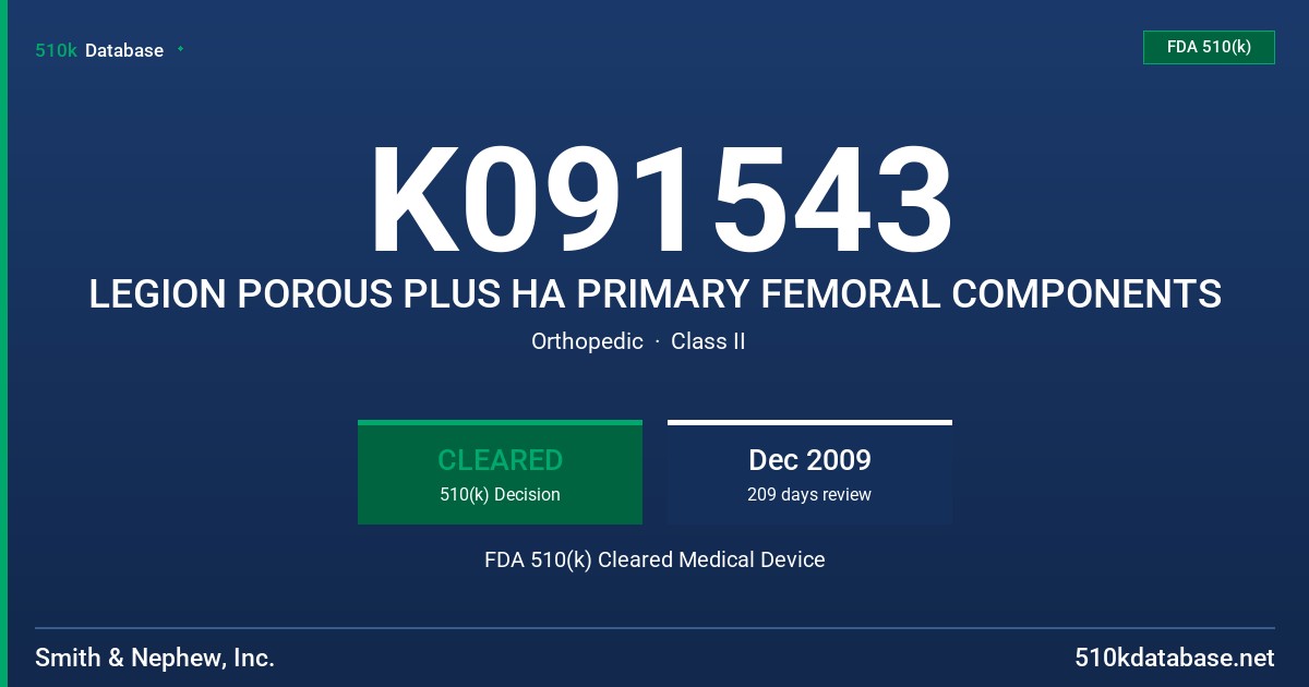 K091543 LEGION POROUS PLUS HA PRIMARY FEMORAL COMPONENTS FDA 510(k) Cleared Medical Device