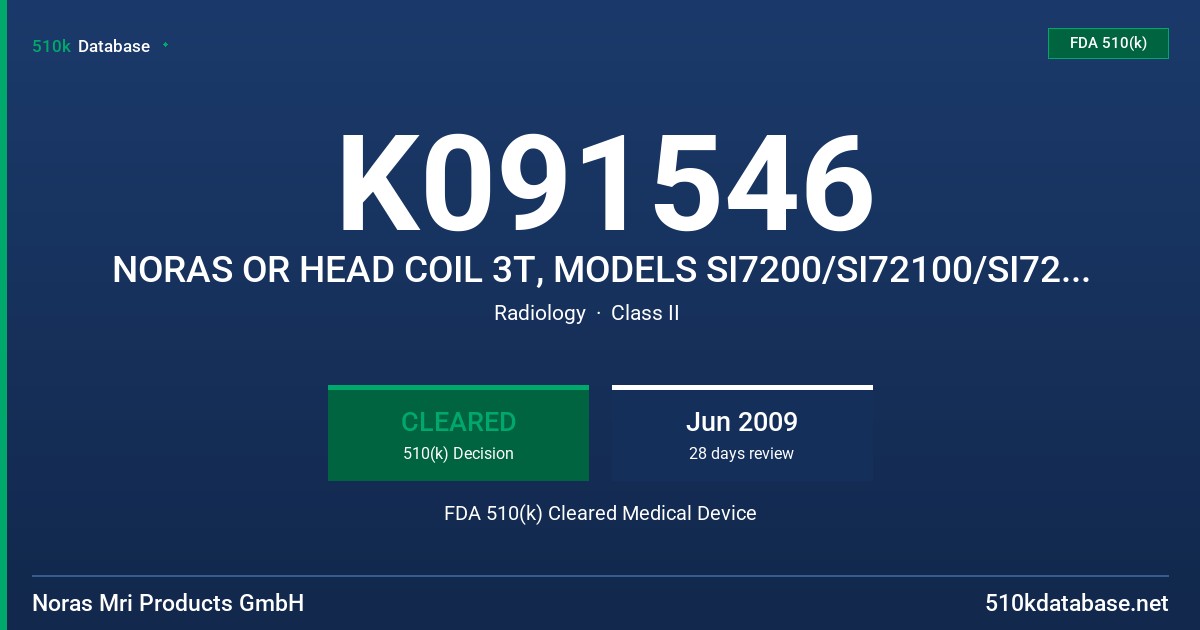 K091546 NORAS OR HEAD COIL 3T, MODELS SI7200/SI72100/SI7220/SI7230 FDA 510(k) Cleared Medical Device