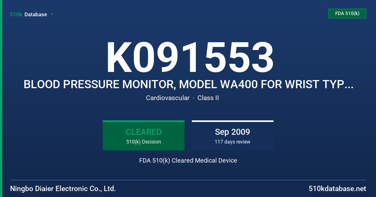 K091553 BLOOD PRESSURE MONITOR, MODEL WA400 FOR WRIST TYPE AND MODEL AA300 FOR UPPER ARM TYPE FDA 510(k) Cleared Medical Device
