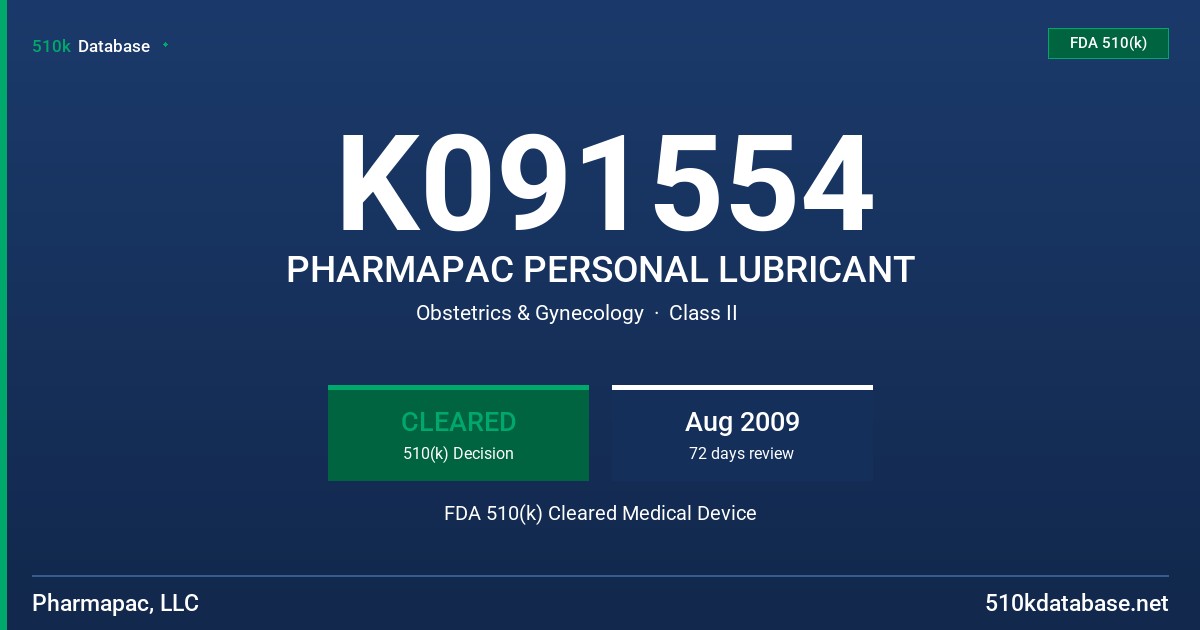 K091554 PHARMAPAC PERSONAL LUBRICANT FDA 510(k) Cleared Medical Device