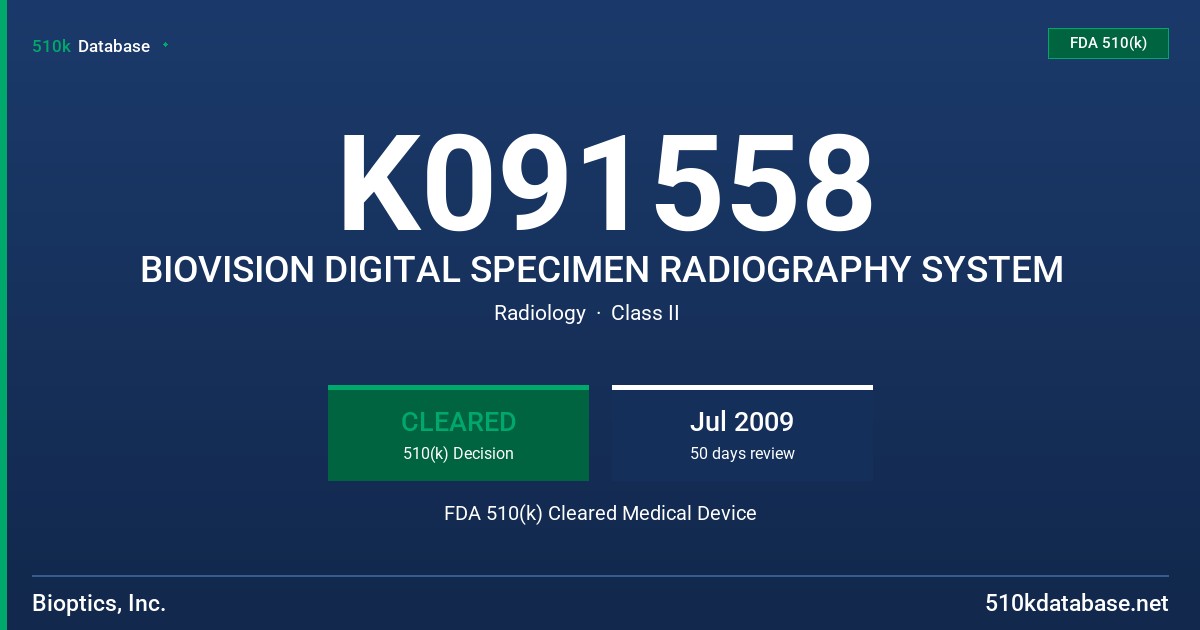 K091558 BIOVISION DIGITAL SPECIMEN RADIOGRAPHY SYSTEM FDA 510(k) Cleared Medical Device
