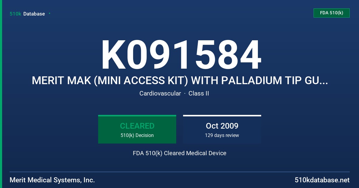 K091584 MERIT MAK (MINI ACCESS KIT) WITH PALLADIUM TIP GUIDE WIRE FDA 510(k) Cleared Medical Device