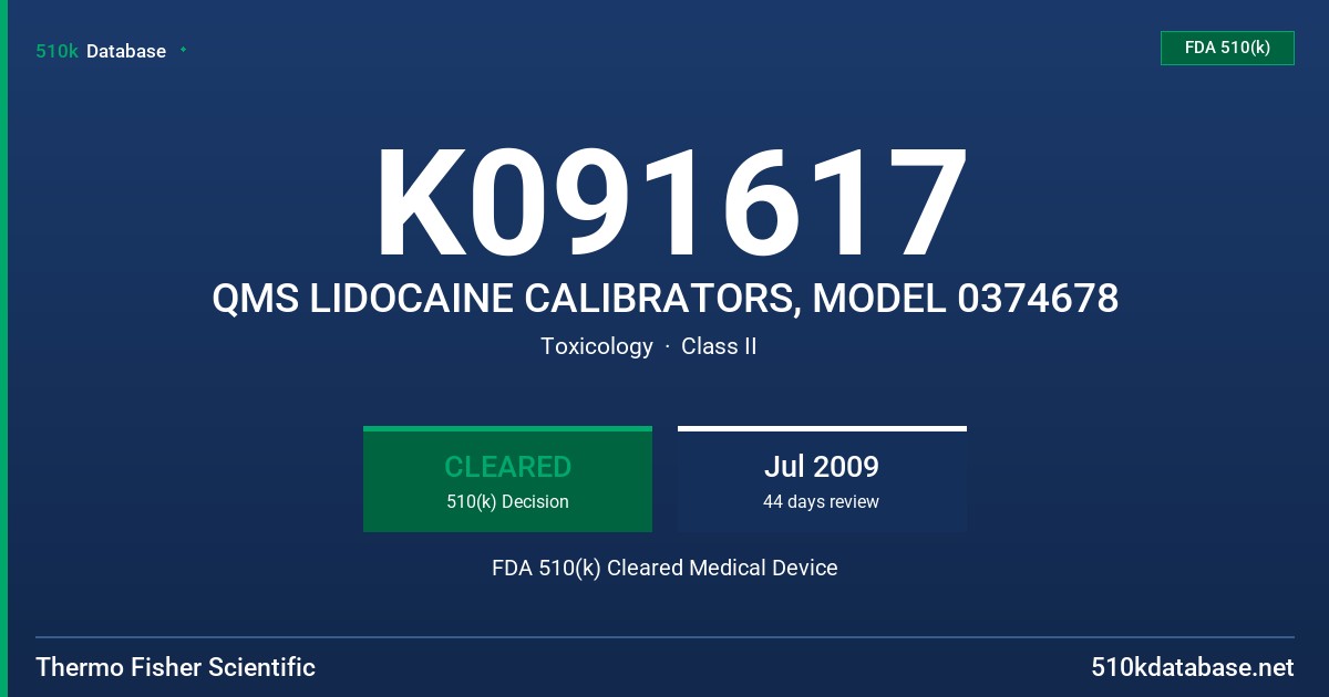 K091617 QMS LIDOCAINE CALIBRATORS, MODEL 0374678 FDA 510(k) Cleared Medical Device
