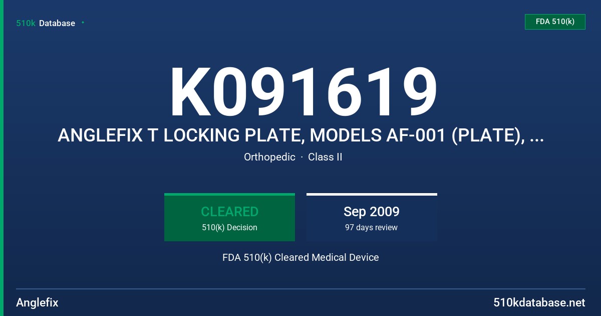 K091619 ANGLEFIX T LOCKING PLATE, MODELS AF-001 (PLATE), ST-1 (LOCKING SCREW) FDA 510(k) Cleared Medical Device
