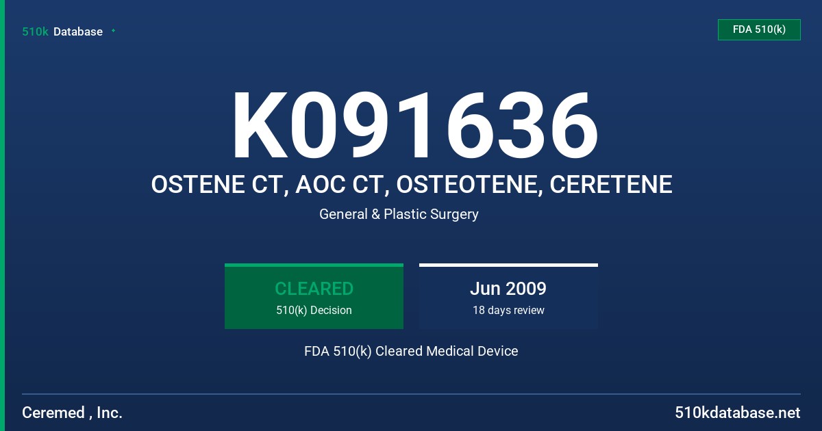 K091636 OSTENE CT, AOC CT, OSTEOTENE, CERETENE FDA 510(k) Cleared Medical Device