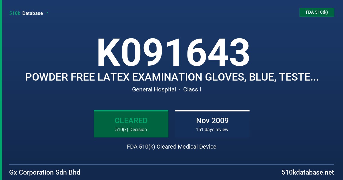 K091643 POWDER FREE LATEX EXAMINATION GLOVES, BLUE, TESTED FOR USE WITH CHEMOTHERAPY DRUGS FDA 510(k) Cleared Medical Device