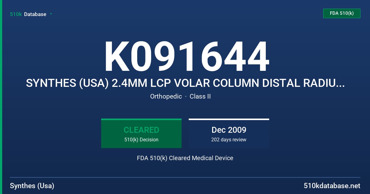 K091644 SYNTHES (USA) 2.4MM LCP VOLAR COLUMN DISTAL RADIUS PLATES FDA 510(k) Cleared Medical Device