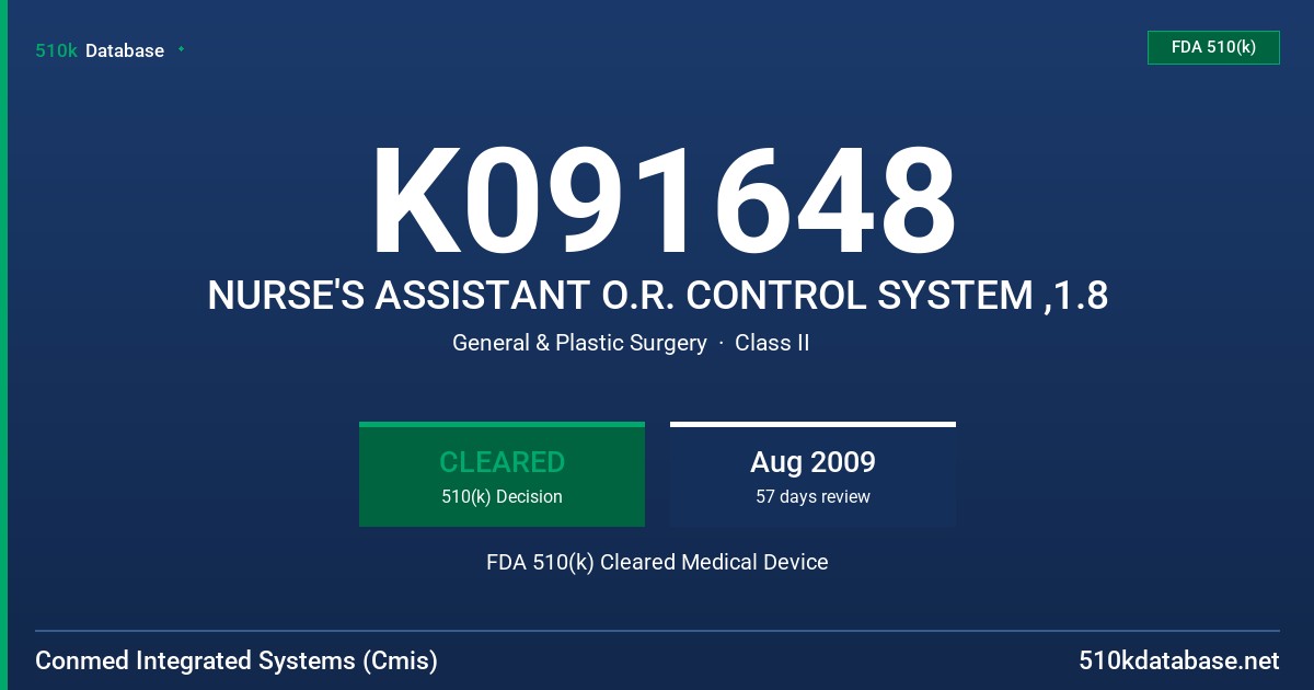 K091648 NURSE'S ASSISTANT O.R. CONTROL SYSTEM ,1.8 FDA 510(k) Cleared Medical Device