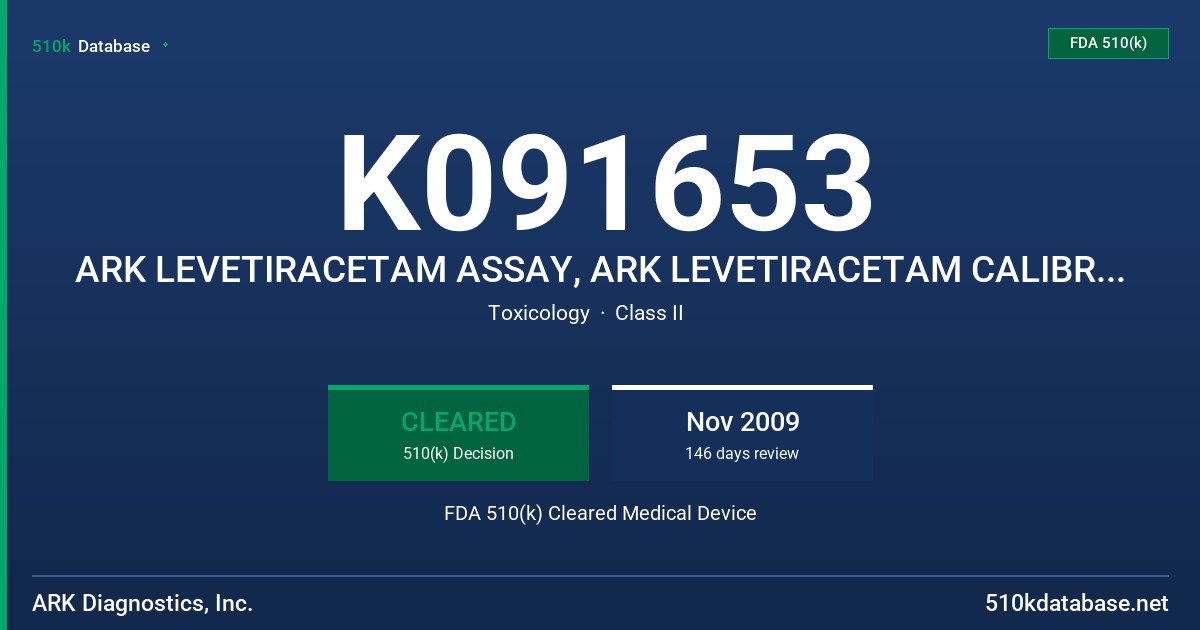 K091653 ARK LEVETIRACETAM ASSAY, ARK LEVETIRACETAM CALIBRATOR AND ARK LEVETIRACETAM CONTROL, MODELS 5024-0001-00, 5024-0002-00 FDA 510(k) Cleared Medical Device