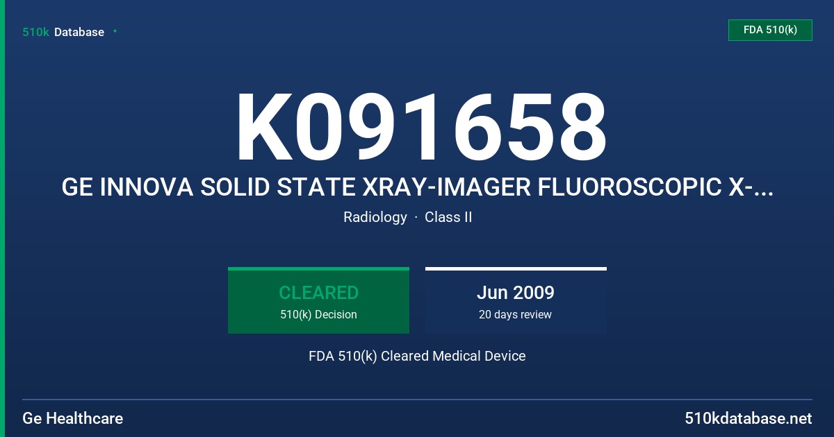 K091658 GE INNOVA SOLID STATE XRAY-IMAGER FLUOROSCOPIC X-RAY SYSTEM, MODELS INNOVA 4100, 3100, 2100, 3131, 2121 FDA 510(k) Cleared Medical Device