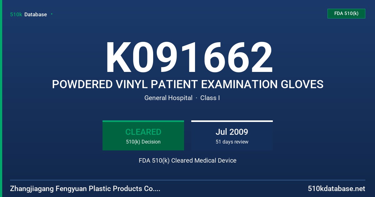 K091662 POWDERED VINYL PATIENT EXAMINATION GLOVES FDA 510(k) Cleared Medical Device