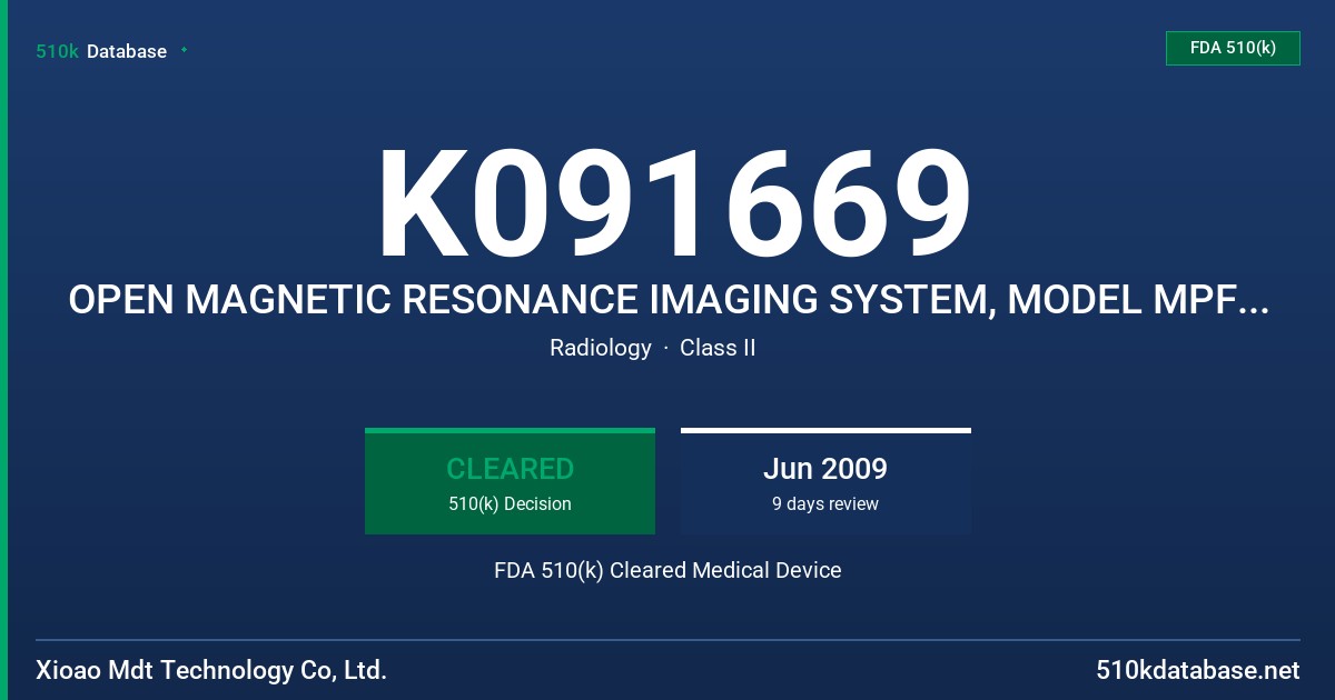 K091669 OPEN MAGNETIC RESONANCE IMAGING SYSTEM, MODEL MPF3000-III FDA 510(k) Cleared Medical Device