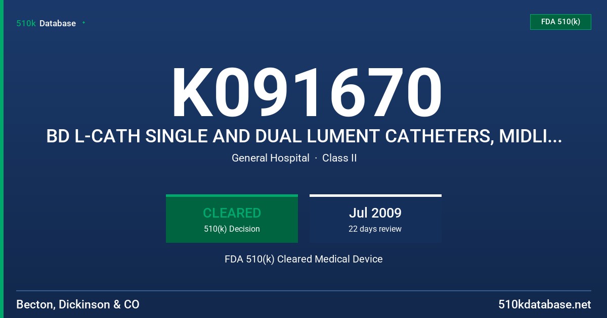 K091670 BD L-CATH SINGLE AND DUAL LUMENT CATHETERS, MIDLINE CATHETER FDA 510(k) Cleared Medical Device