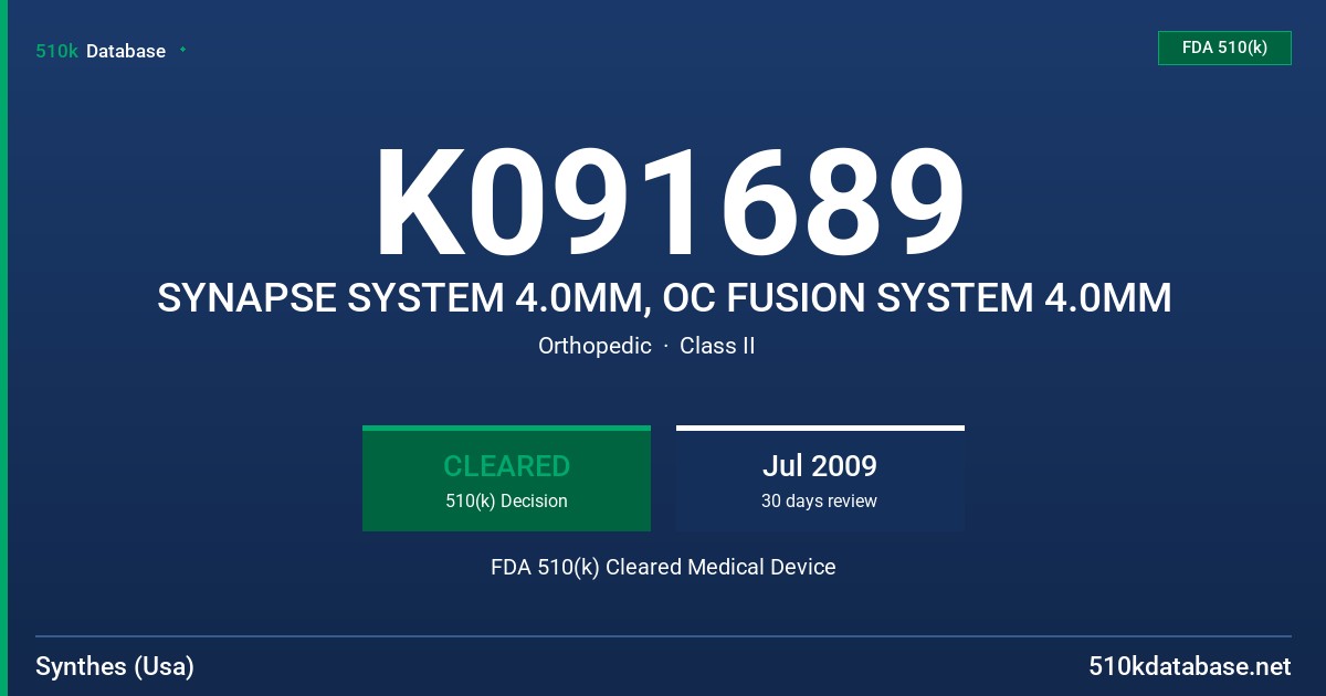 K091689 SYNAPSE SYSTEM 4.0MM, OC FUSION SYSTEM 4.0MM FDA 510(k) Cleared Medical Device