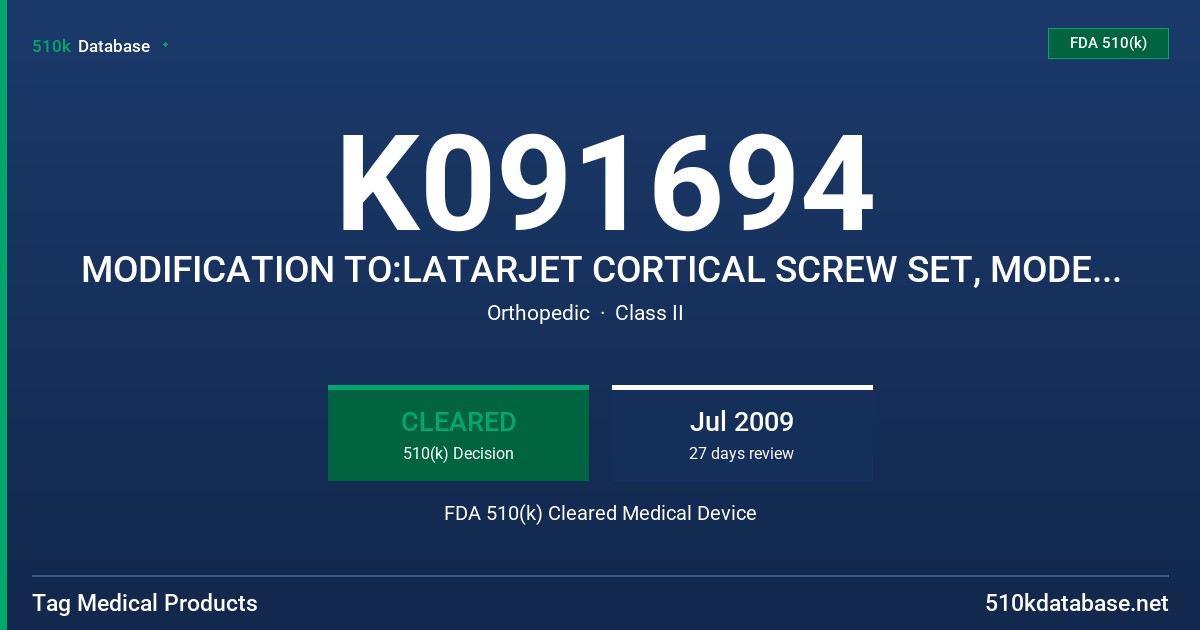 K091694 MODIFICATION TO:LATARJET CORTICAL SCREW SET, MODELS 523JT, 523J (36-48MM) FDA 510(k) Cleared Medical Device