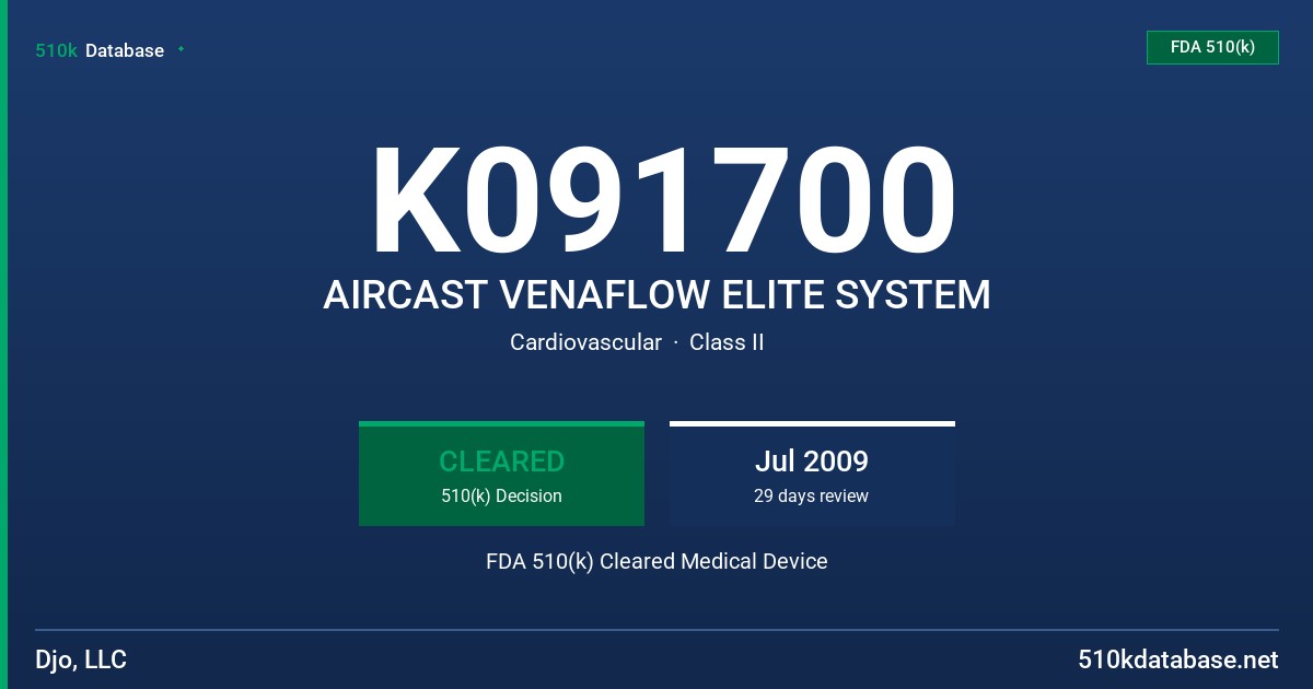 K091700 AIRCAST VENAFLOW ELITE SYSTEM FDA 510(k) Cleared Medical Device
