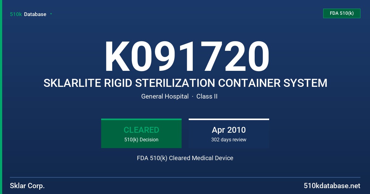 K091720 SKLARLITE RIGID STERILIZATION CONTAINER SYSTEM FDA 510(k) Cleared Medical Device