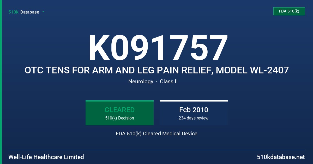 K091757 OTC TENS FOR ARM AND LEG PAIN RELIEF, MODEL WL-2407 FDA 510(k) Cleared Medical Device