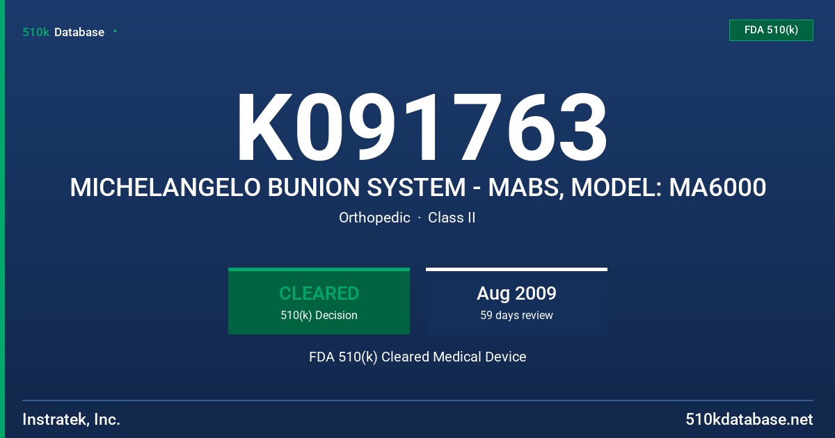 K091763 MICHELANGELO BUNION SYSTEM - MABS, MODEL: MA6000 FDA 510(k) Cleared Medical Device