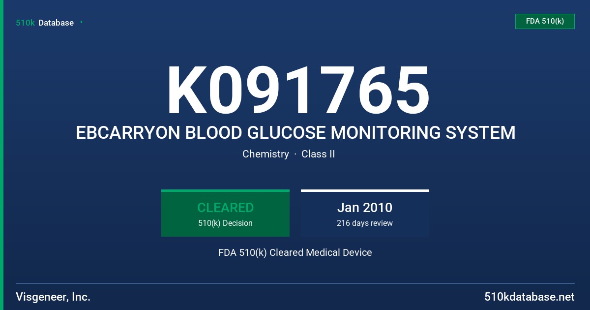 K091765 EBCARRYON BLOOD GLUCOSE MONITORING SYSTEM FDA 510(k) Cleared Medical Device