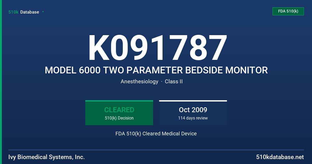 K091787 MODEL 6000 TWO PARAMETER BEDSIDE MONITOR FDA 510(k) Cleared Medical Device