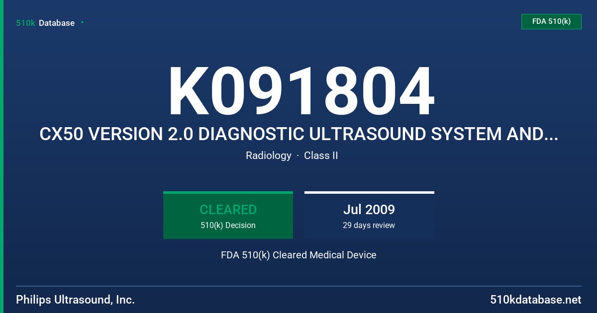 K091804 CX50 VERSION 2.0 DIAGNOSTIC ULTRASOUND SYSTEM AND TRANSDUCERS FDA 510(k) Cleared Medical Device