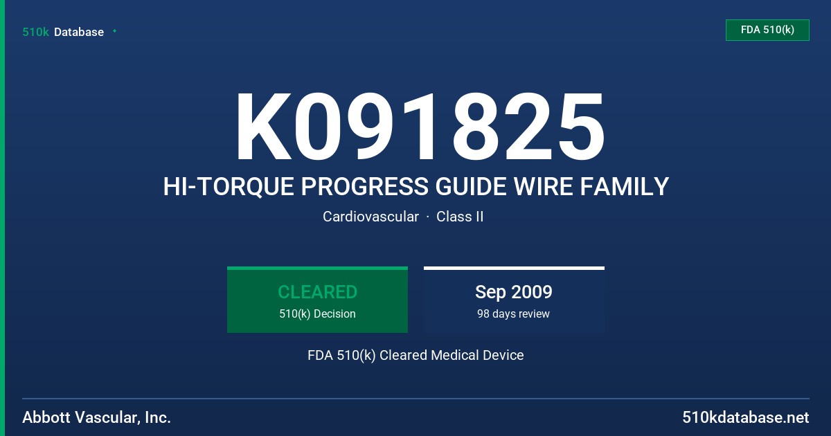 K091825 HI-TORQUE PROGRESS GUIDE WIRE FAMILY FDA 510(k) Cleared Medical Device