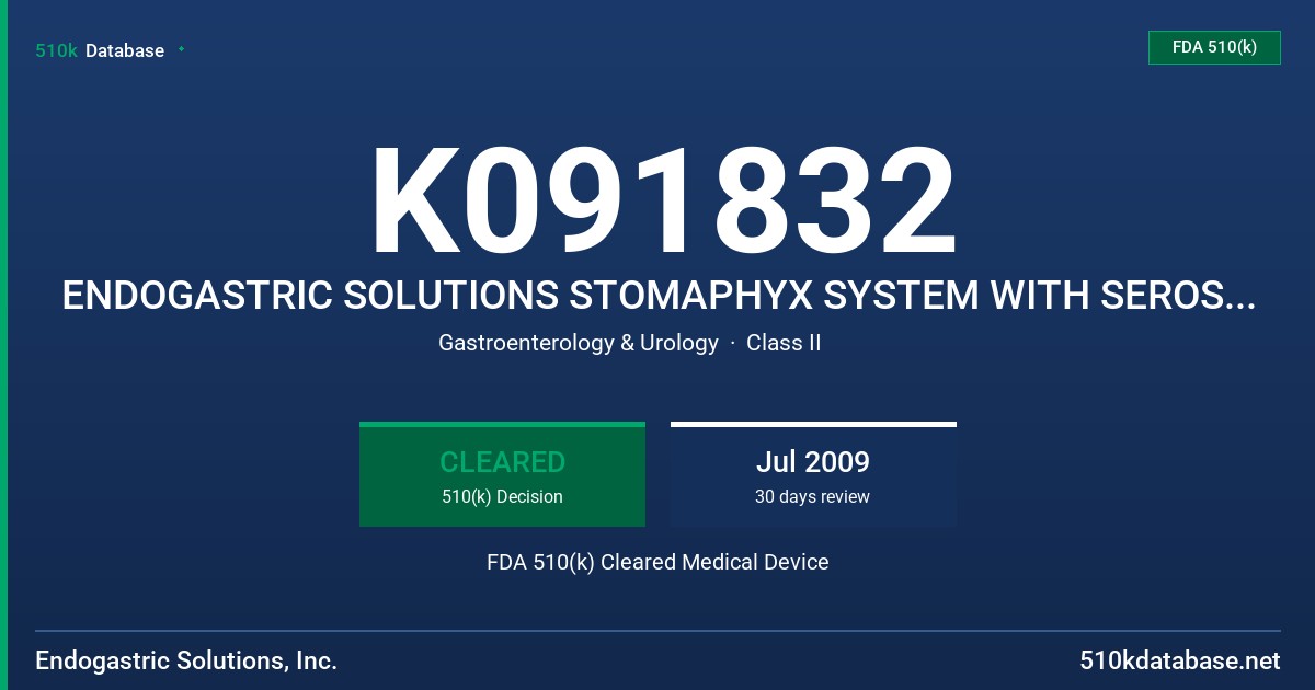K091832 ENDOGASTRIC SOLUTIONS STOMAPHYX SYSTEM WITH SEROSAFUSE FASTENER FDA 510(k) Cleared Medical Device