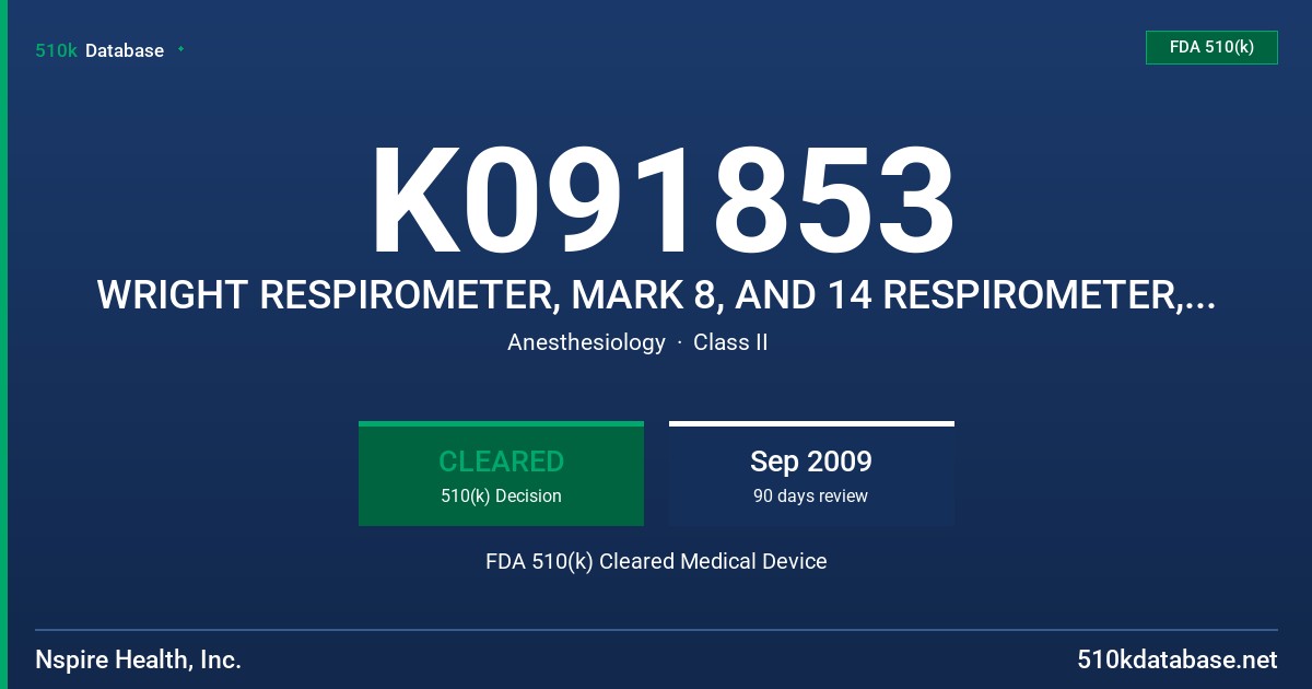 K091853 WRIGHT RESPIROMETER, MARK 8, AND 14 RESPIROMETER, MODEL 700-021, 700-008, 700-014 FDA 510(k) Cleared Medical Device