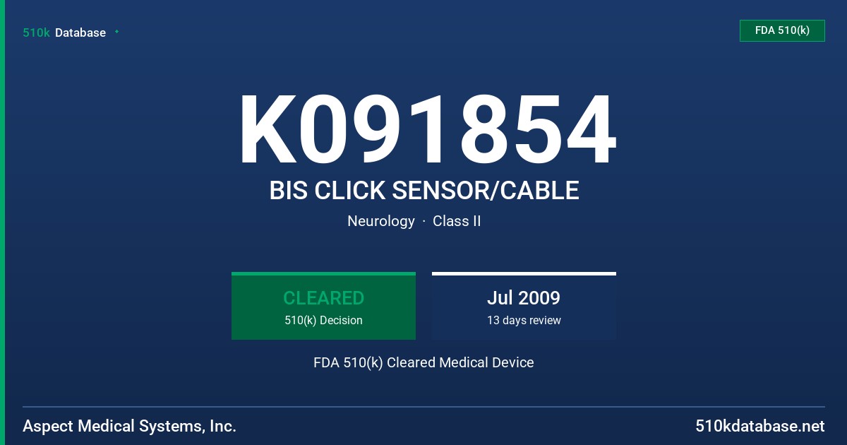 K091854 BIS CLICK SENSOR/CABLE FDA 510(k) Cleared Medical Device