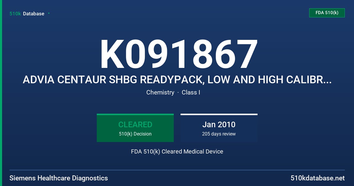 K091867 ADVIA CENTAUR SHBG READYPACK, LOW AND HIGH CALIBRATORS AND MASTER CURVE MATERIAL, MODELS 06520781, 04819274 AND 06520773 FDA 510(k) Cleared Medical Device
