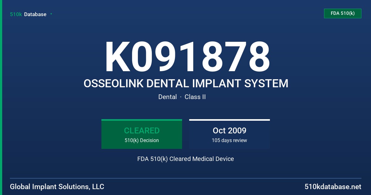 K091878 OSSEOLINK DENTAL IMPLANT SYSTEM FDA 510(k) Cleared Medical Device