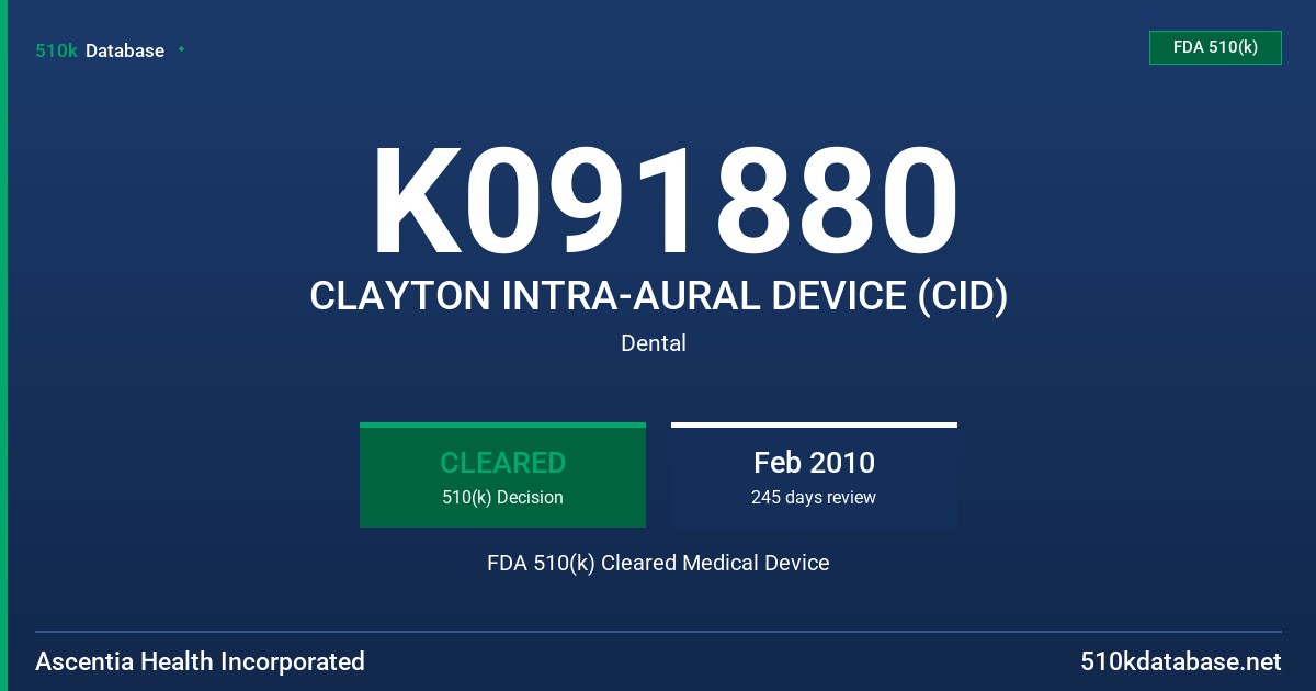 K091880 CLAYTON INTRA-AURAL DEVICE (CID) FDA 510(k) Cleared Medical Device