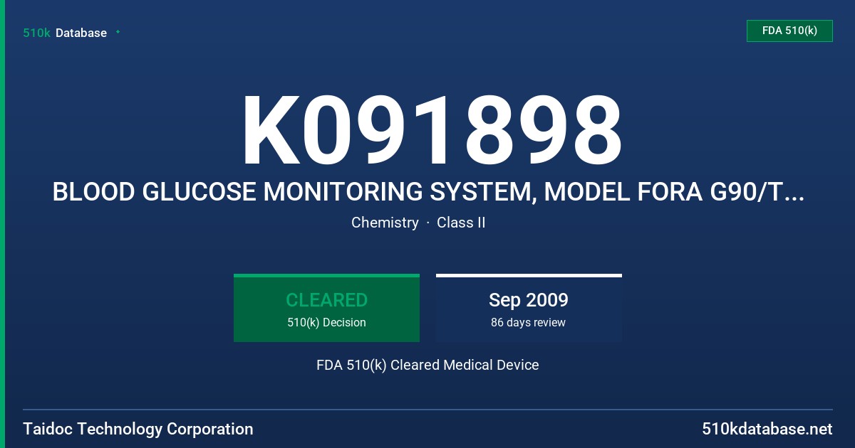 K091898 BLOOD GLUCOSE MONITORING SYSTEM, MODEL FORA G90/TD-4234 FDA 510(k) Cleared Medical Device