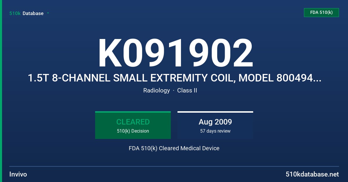 K091902 1.5T 8-CHANNEL SMALL EXTREMITY COIL, MODEL 800494, 3.0T 8-CHANNEL SMALL EXTREMITY COIL, MODEL 800484 FDA 510(k) Cleared Medical Device