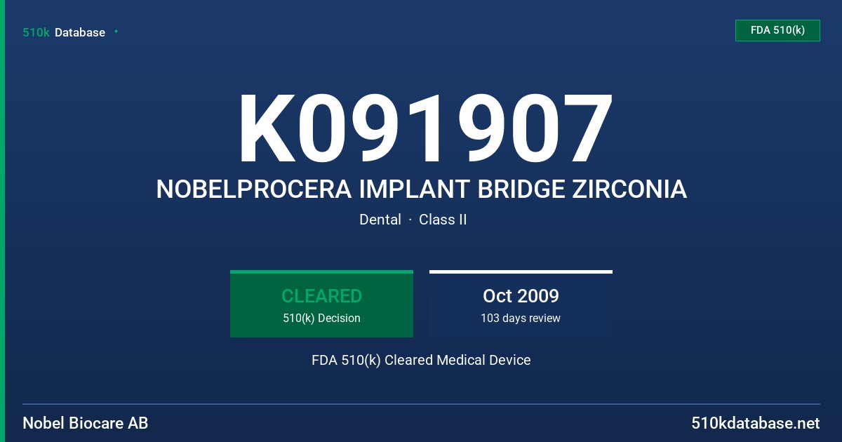 K091907 NOBELPROCERA IMPLANT BRIDGE ZIRCONIA FDA 510(k) Cleared Medical Device