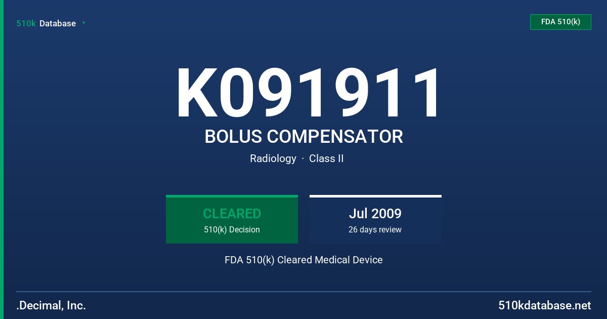 K091911 BOLUS COMPENSATOR FDA 510(k) Cleared Medical Device