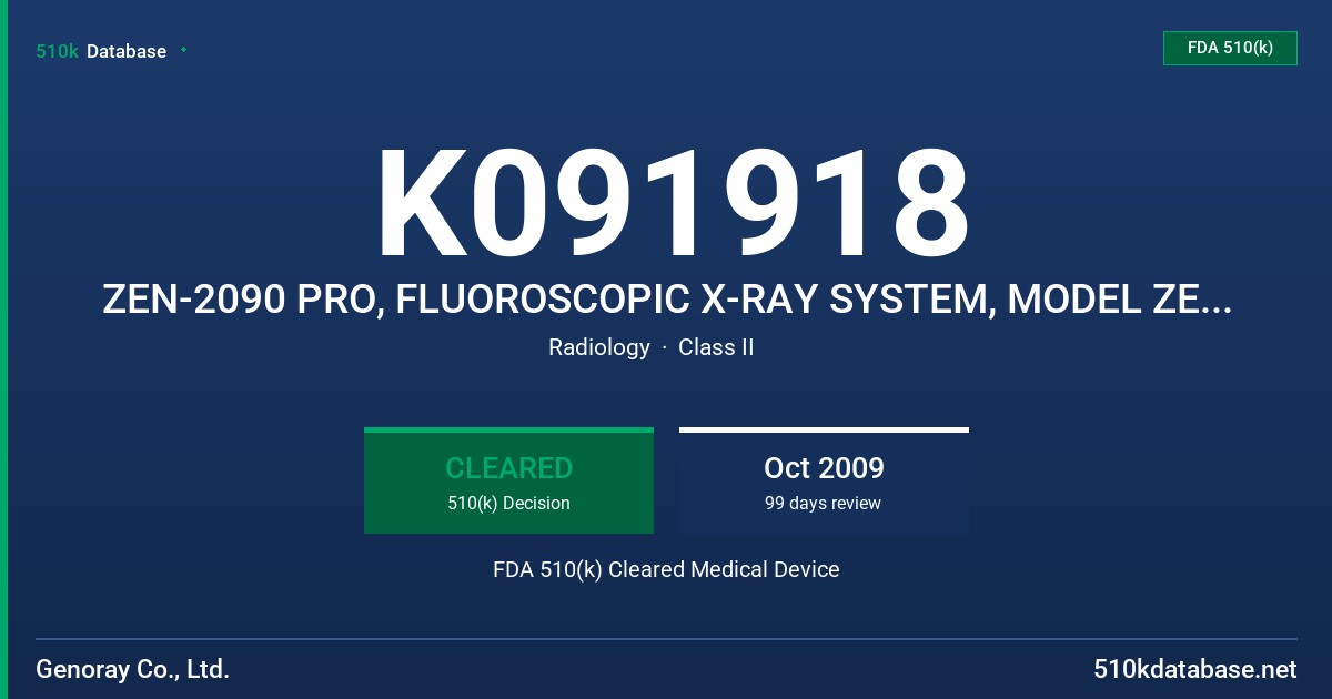 K091918 ZEN-2090 PRO, FLUOROSCOPIC X-RAY SYSTEM, MODEL ZEN-2090 PRO FDA 510(k) Cleared Medical Device