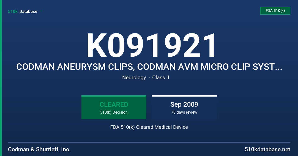 K091921 CODMAN ANEURYSM CLIPS, CODMAN AVM MICRO CLIP SYSTEM, CODMAN SLIM-LINE GRAFT, REINFORCING, MINI ANEURYSM CLIP FDA 510(k) Cleared Medical Device