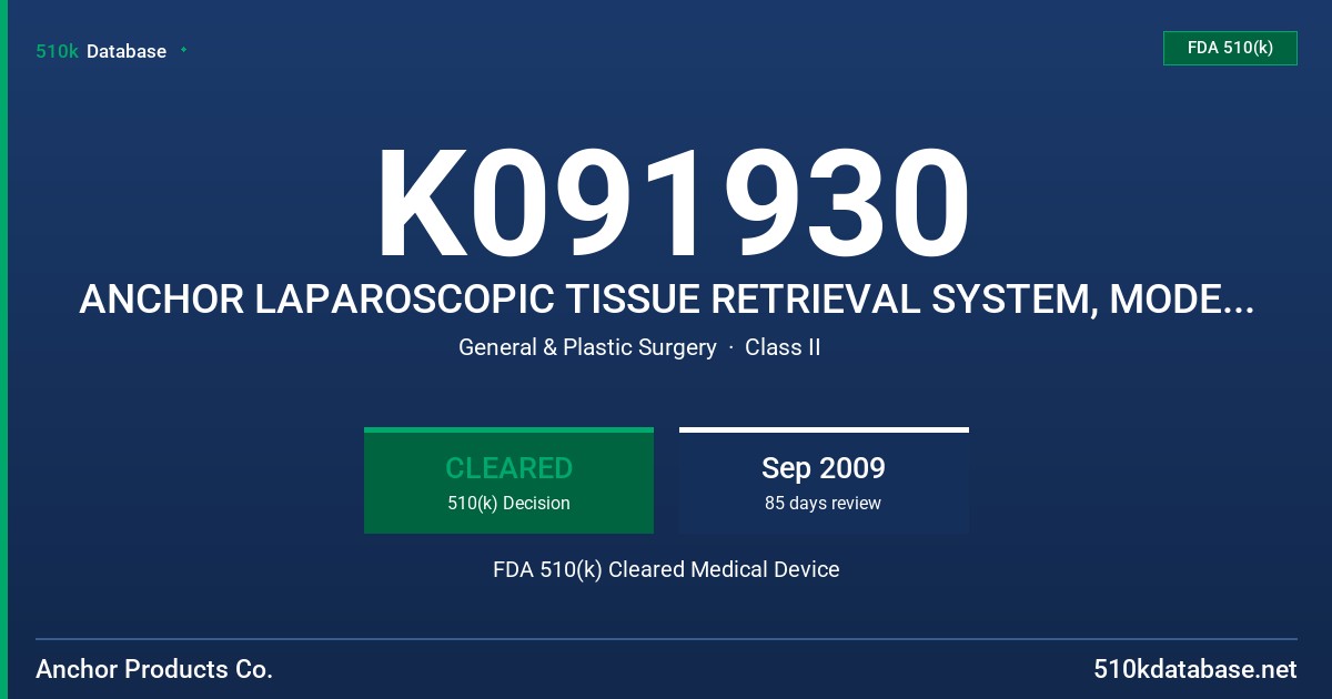 K091930 ANCHOR LAPAROSCOPIC TISSUE RETRIEVAL SYSTEM, MODEL TRS100SB FDA 510(k) Cleared Medical Device