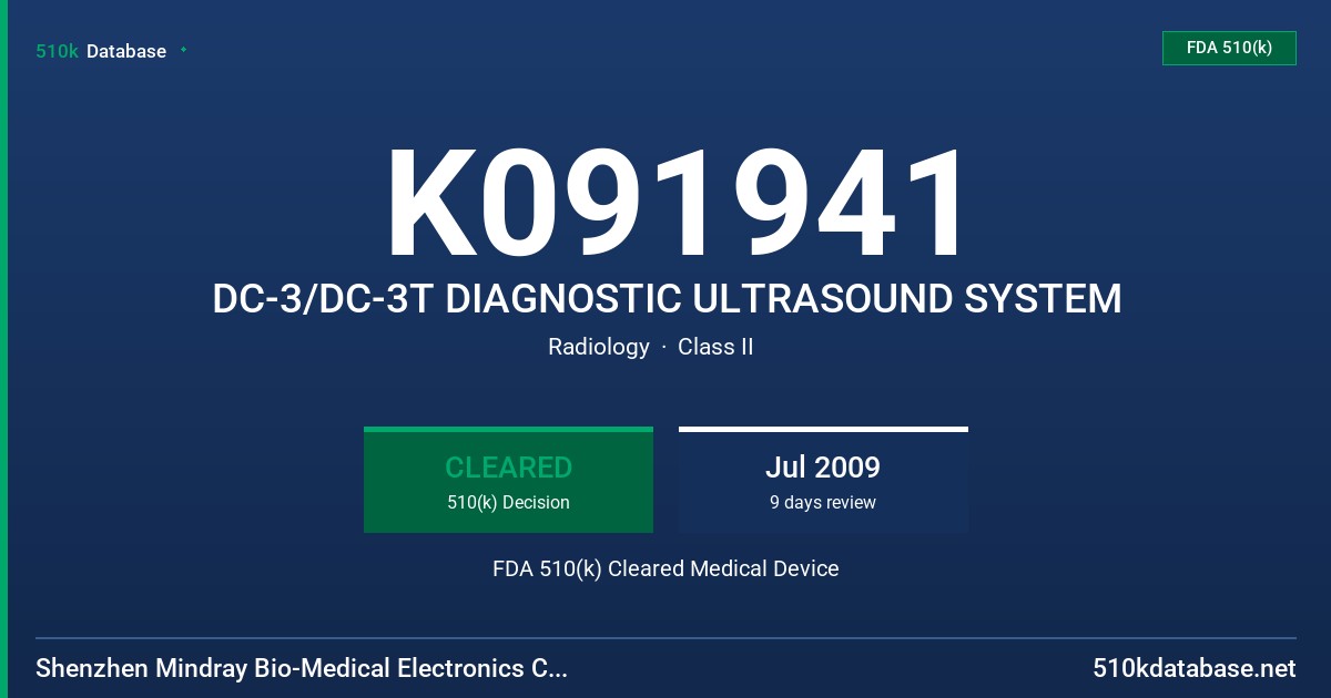 K091941 DC-3/DC-3T DIAGNOSTIC ULTRASOUND SYSTEM FDA 510(k) Cleared Medical Device