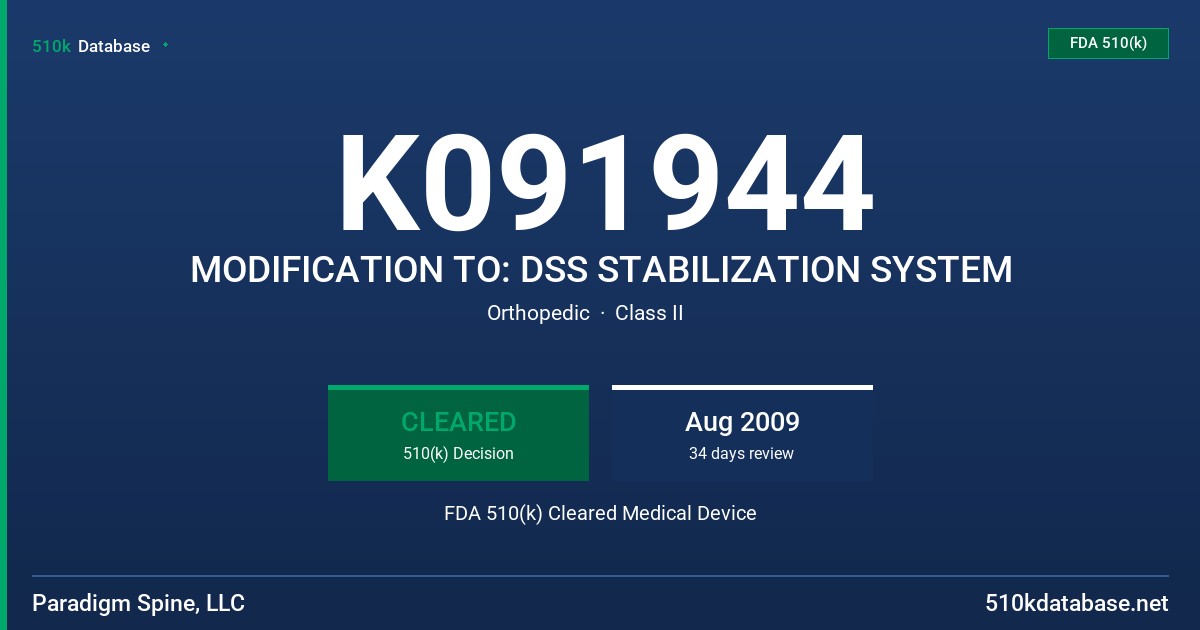 K091944 MODIFICATION TO: DSS STABILIZATION SYSTEM FDA 510(k) Cleared Medical Device