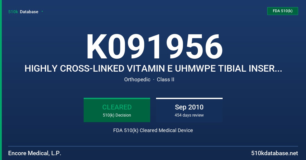 K091956 HIGHLY CROSS-LINKED VITAMIN E UHMWPE TIBIAL INSERTS, MODEL 391/392-09_19-702_712 FDA 510(k) Cleared Medical Device