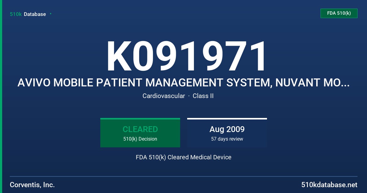 K091971 AVIVO MOBILE PATIENT MANAGEMENT SYSTEM, NUVANT MOBILE CARDIAC TELEMETRY (MCT) SYSTEM FDA 510(k) Cleared Medical Device